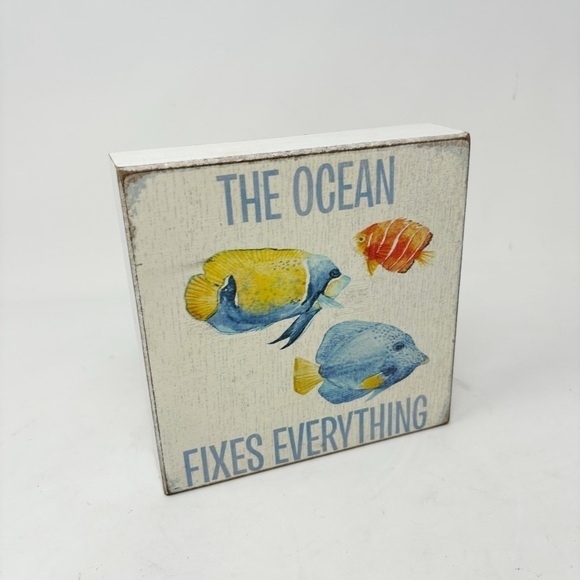 Rustic Box Sign THE OCEAN FIXES EVERYTHING Tropical Fish Coastal Beach Decor - Picture 8 of 8